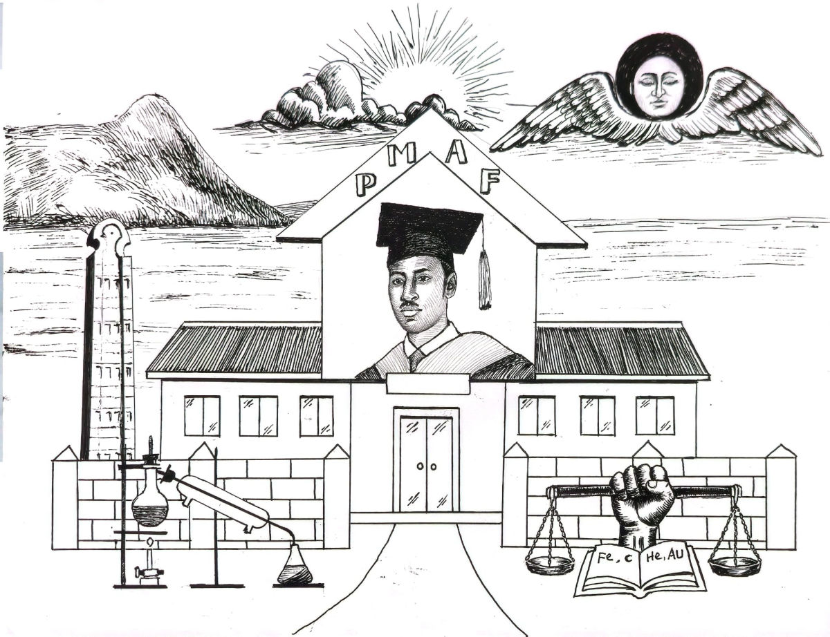Illustrated portrait of Professor Meareg Amare framed by a schoolhouse, laboratory glassware, an open book, and scales of justice