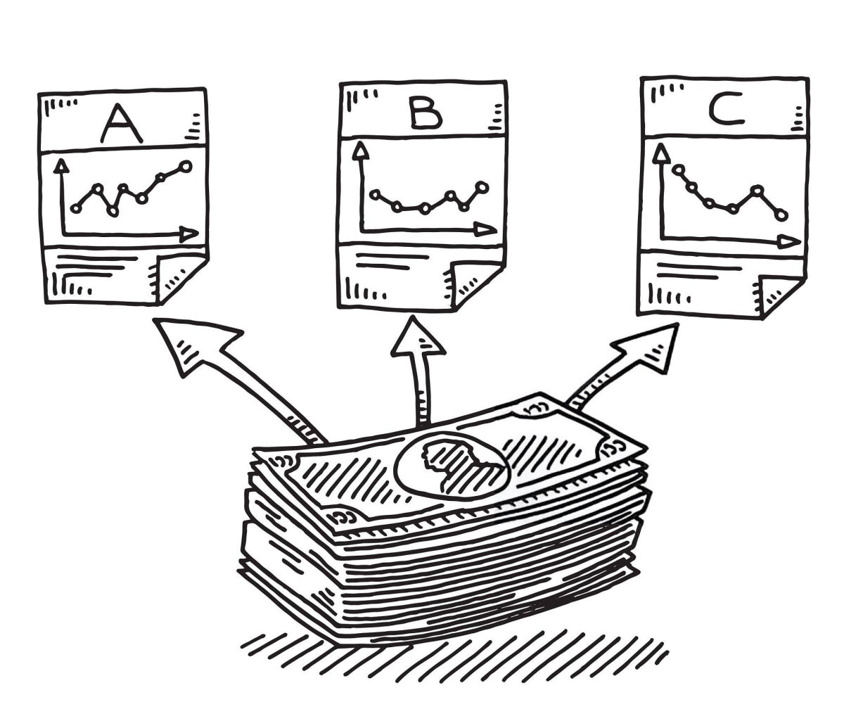 Illustration of a stack of cash with arrows pointing to three fund allocation charts labeled A, B, and C