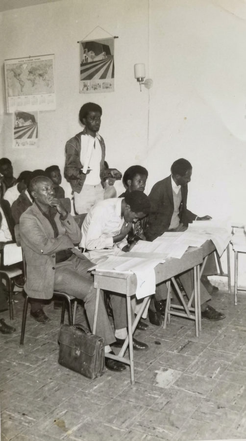 Professor Meareg Amare giving a speech at a teachers' annual meeting, 1986.