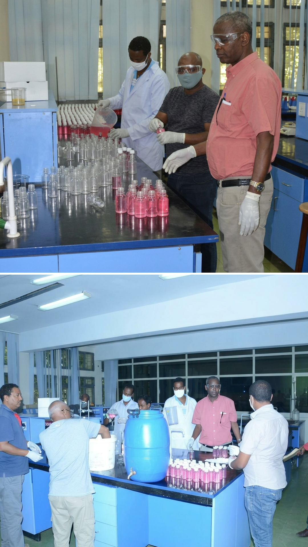 Professor Meareg Amare with colleagues in a science laboratory during the COVID-19 pandemic.