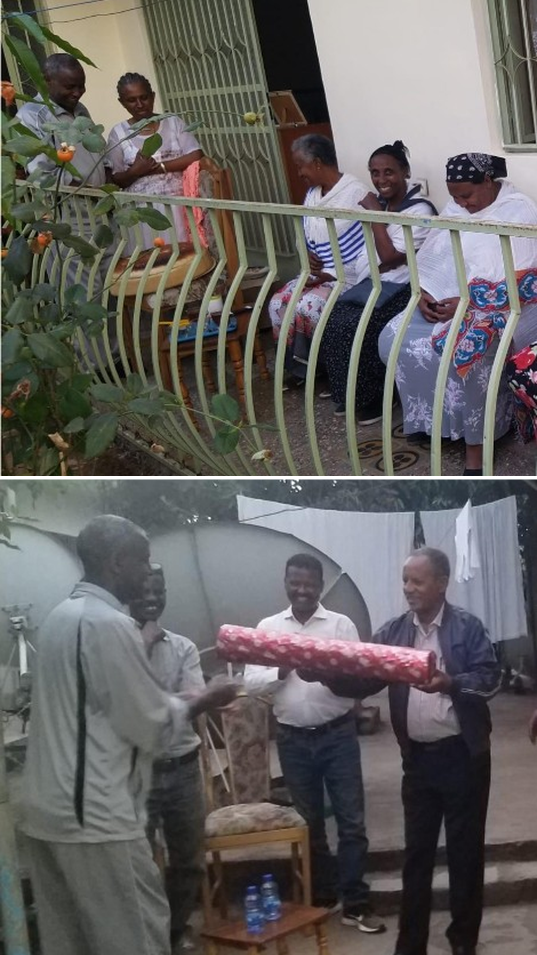 Neighbors gathering with gifts to congratulate Professor Meareg Amare on his promotion to Full Professor.