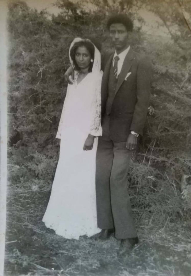 Professor Meareg Amare and his wife Nigisti Hailu on their wedding day at Dara Agricultural and Plantation Center, Dabat, North Gondar, April 21, 1985.