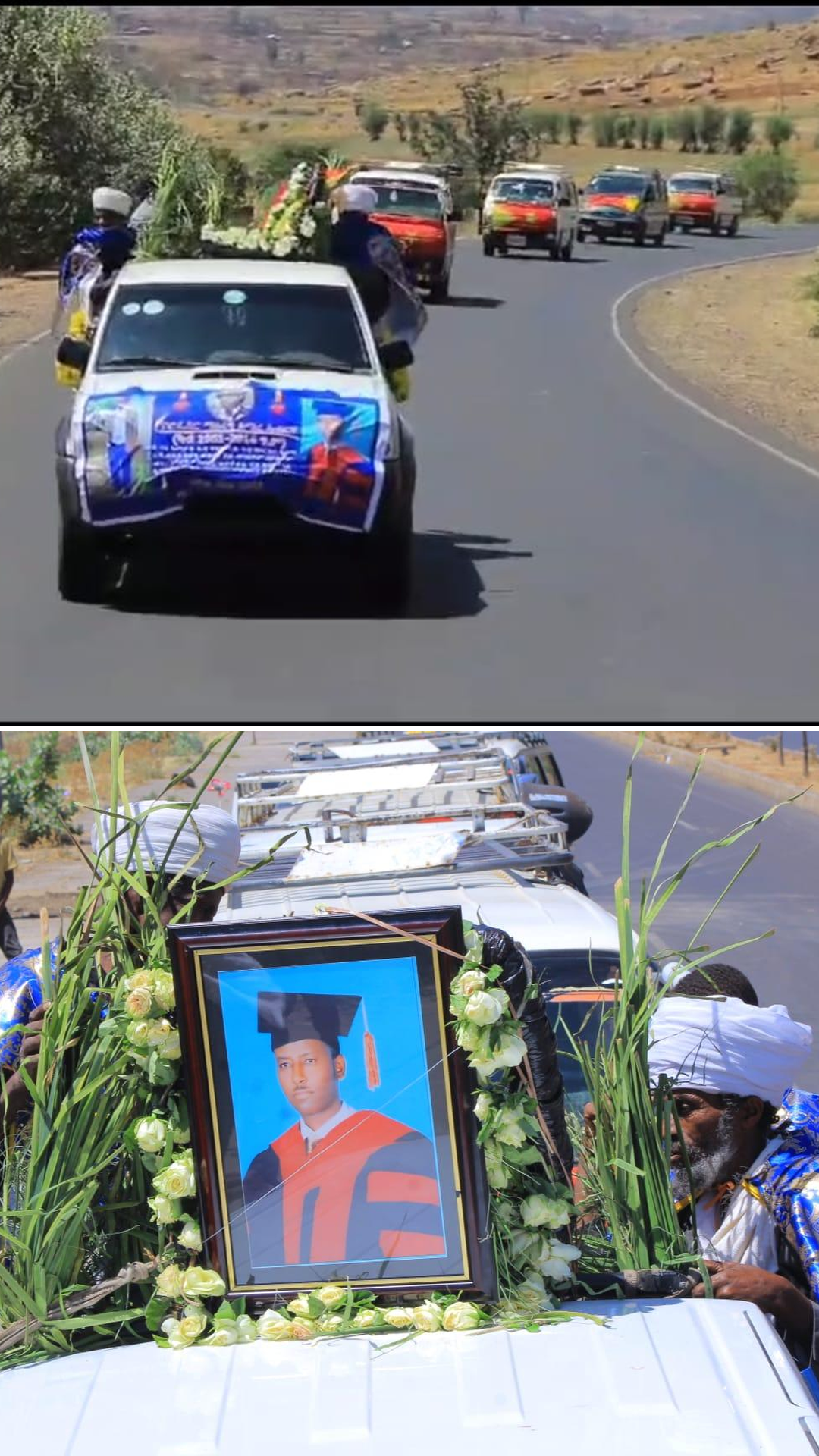 A local priest holding a surviving photograph of Professor Meareg Amare during the funeral procession.